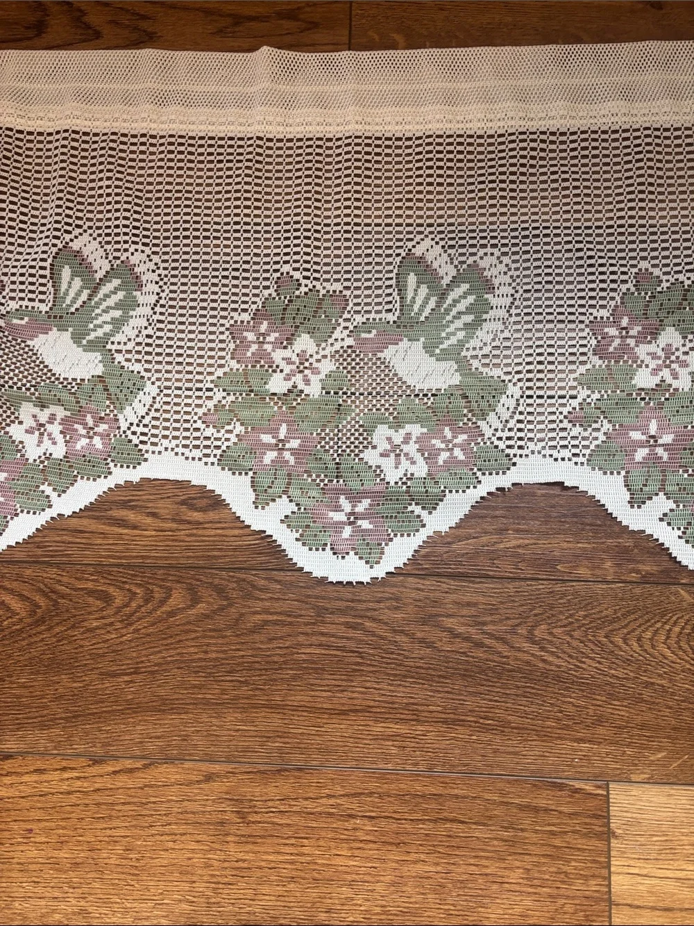 Vintage white SET of 3 pink green Heritage Lace Valance Floral Hummingbird Bird